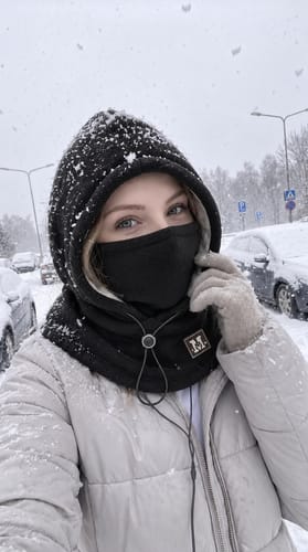 Customer wearing black winter hood in snow