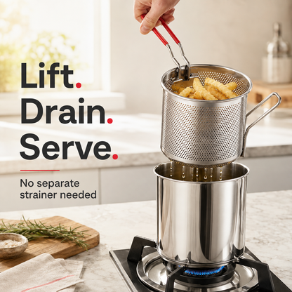 ⚡Personal Mini Deep Fryer Set – Stainless Steel Pot with Lift-Out Draining Basket & Food Tongs