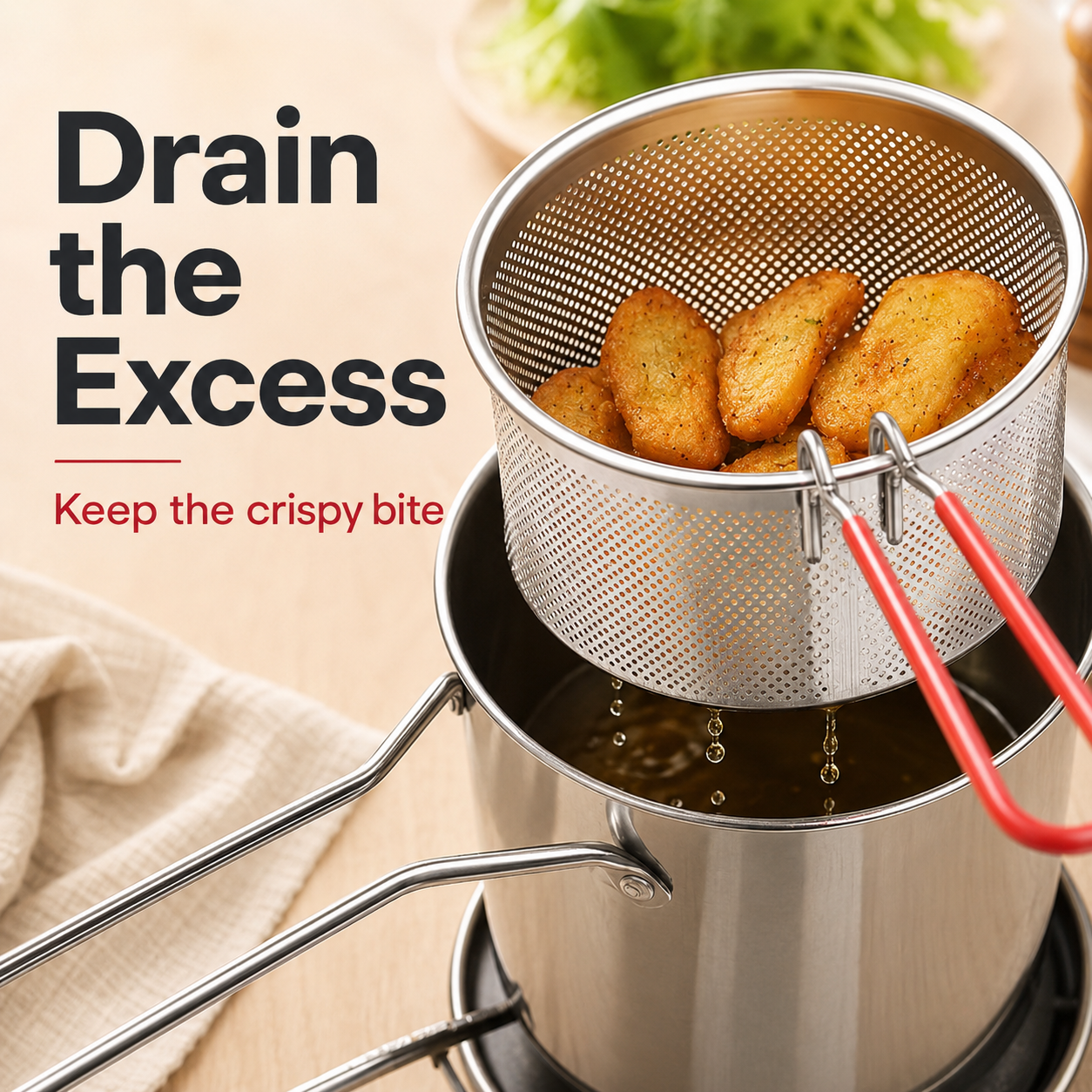 ⚡Personal Mini Deep Fryer Set – Stainless Steel Pot with Lift-Out Draining Basket & Food Tongs