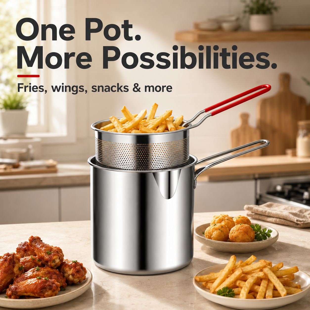 ⚡Personal Mini Deep Fryer Set – Stainless Steel Pot with Lift-Out Draining Basket & Food Tongs