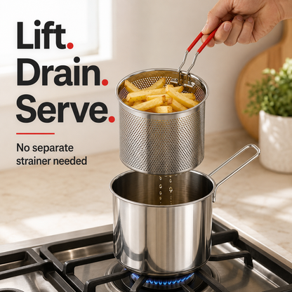 ⚡Personal Mini Deep Fryer Set – Stainless Steel Pot with Lift-Out Draining Basket & Food Tongs