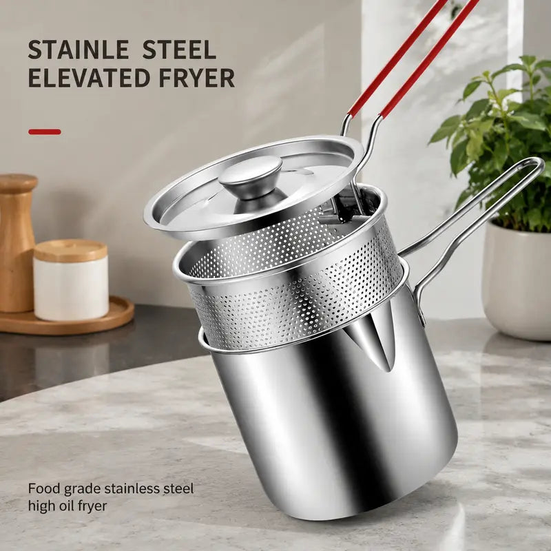⚡Personal Mini Deep Fryer Set – Stainless Steel Pot with Lift-Out Draining Basket & Food Tongs