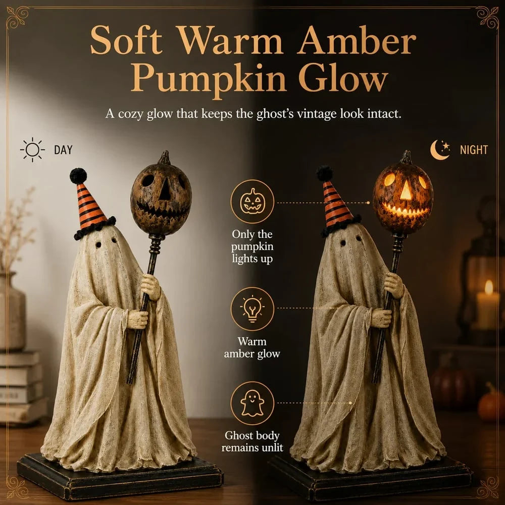 💥 Last Day 50% OFF –🎃Lighted Vintage Ghost Figurine with Glowing Pumpkin Staff
